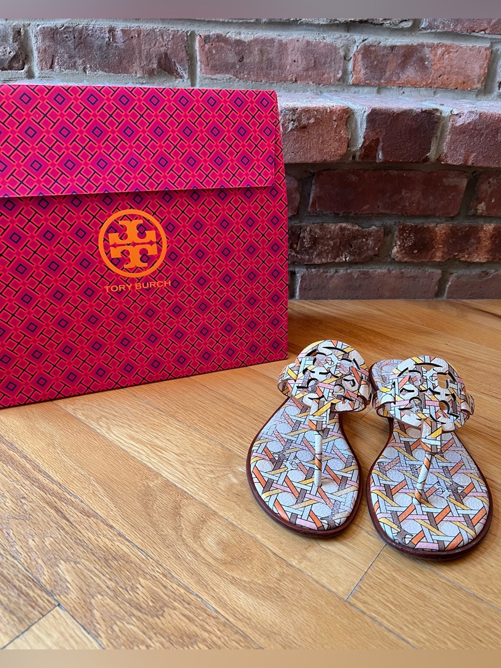 Tory Burch Caning Geo Printed Miller Welt Tumbled Leather Sandals